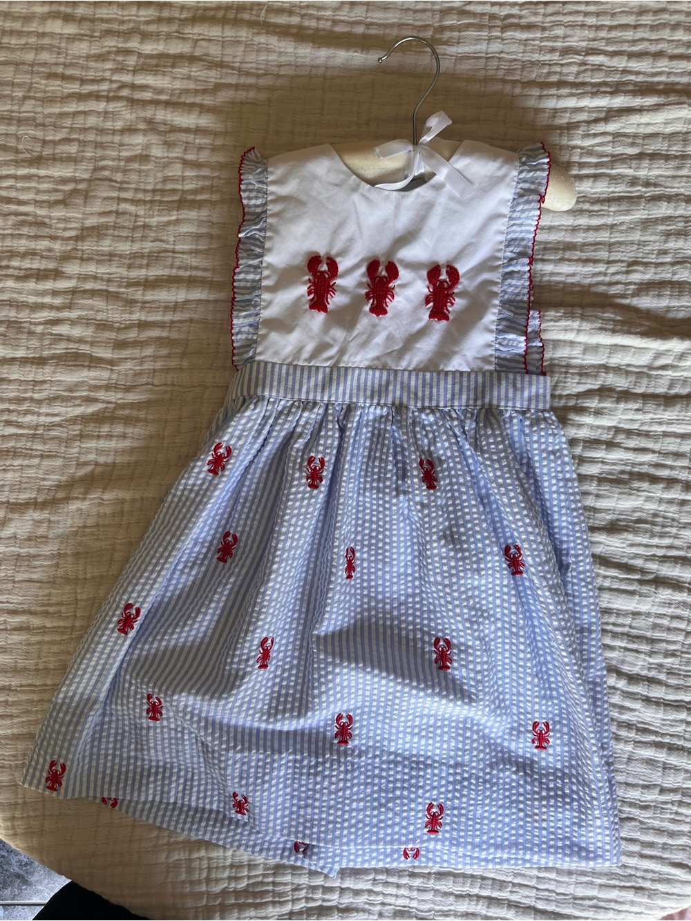 Girls' White & Blue Lobster Embroidered Dress